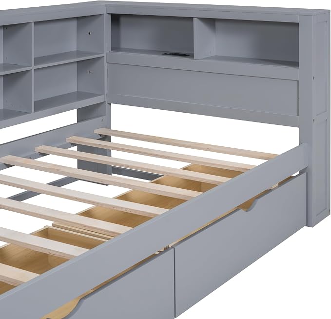 Bellemave Twin Corner Bed Frame, Wood Twin Size Daybed with L-Shaped Bookcase and 2 Drawers,Daybed with Storage Cabinets, Gray