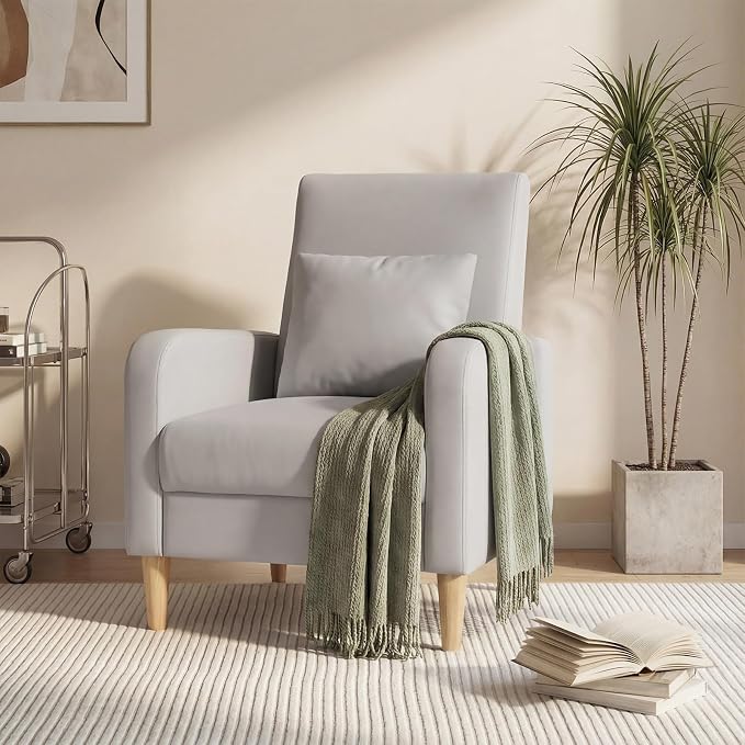 COLAMY Mid-Century Modern Upholstered Accent Chair with Back Pillow & Solid Wood Legs, Leather Cozy Armchair for Living Room, Bedroom, Reading Nook, Apartment & Small Spaces, Lightgrey