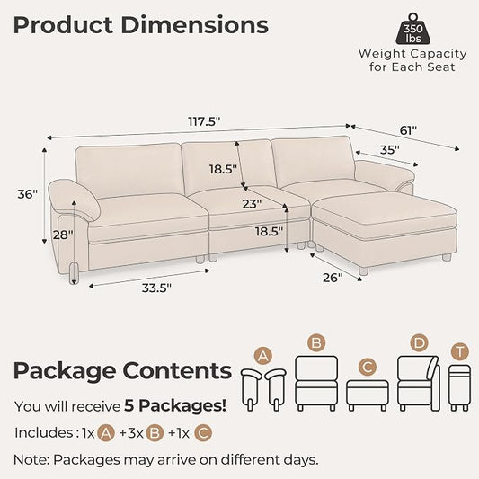 SITJOY Large Cloud Couch, 118" Wide 3 Seater L Shape, Faux Leather in Brown | Pet-Friendly Scratch-Resistant Leather Sectional Sofas for Living Room, Deep Seat Wide Couch with Chaise, Storage Ottoman