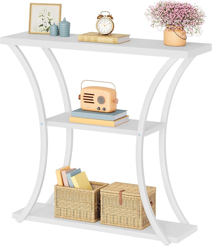 Hoctieon 3 Tier Console Table with Open Wood Shelves, Decorative Entryway Table with Curved Metal Frames, Narrow Sofa Table for Entrance, Living Room, Hallway, White