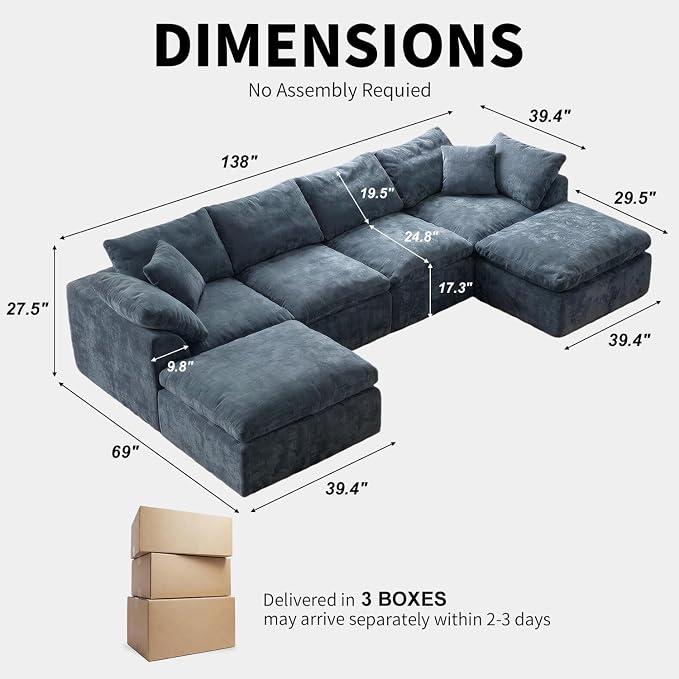 138" Boneless Cloud Couch Sectional for Living Room, Oversized Modular U Shaped Sofa with Double Chaise, Deep Seat Chenille Sectional Couch for Cloud-Like Comfort(Blue)