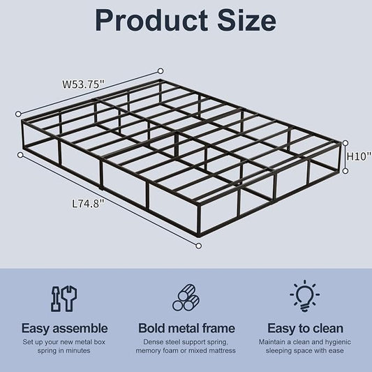 10 Inch High Profile Full Box Spring, Heavy Duty Metal Frame Mattress Foundation with Fabric Cover, Easy Assembly, Noise-Free (10 Inch, Full)