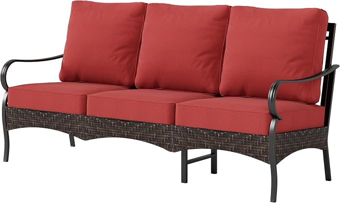Wicker & Metal Outdoor Patio Couch,3-Seat Patio Sofa with Deep Seating for Front Porch, Deck, Balcony, Backyard, Sunroom,Red