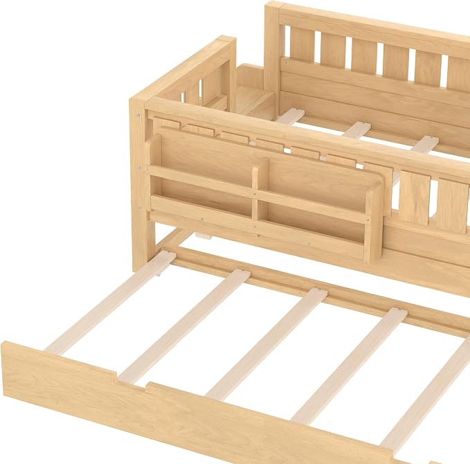 Bellemave Twin Kids Montessori Bed with Stairs, Bookshelf and Trundle, Solid Wood Kids Bed Frame with Storage for Boys Girls, Low Profile,Light Natural