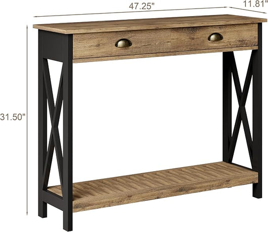 ChooChoo 47" Farmhouse Console Table with Drawer for Entryway, Narrow Long Entry Table with Shelf for Living Room, Rustic Vintage Hallway Sofa Table with Stable X Supports, Rustic Oak & Black