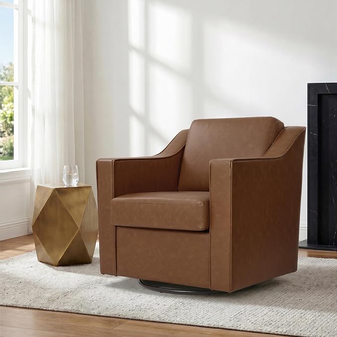 Swivel Accent Chair, Modern Round Barrel Arm Chair for Living Room, Bedroom, Comfy Club Reading Chairs for Adults (Leather Coffee, Set of 1)