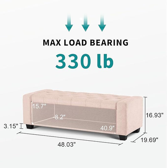 Huatean Home 48" Ottoman with Storage, Pink Storage Ottoman Bench with Safety Hinge, Upholstered Entryway Bench with Seating for Bedroom, Living Room, Holds up to 330 lb
