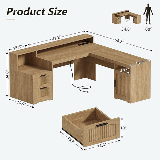 YOMILUVE 63" Farmhouse L Shaped Executive Desk with Drawers & Storage Shelf, Corner Fluted Computer Desk with Power Outlets, L Shaped Office Desk with Monitor Stand, Printer Shelf, Oak