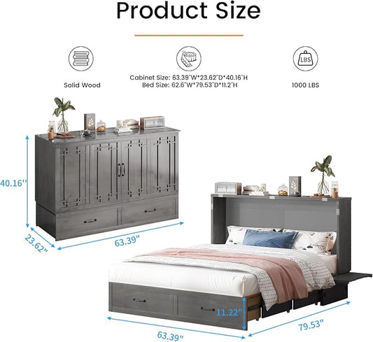 PUREMIND Queen Murphy Bed with Mattress Included, Murphy Cabinet Bed with Storage Drawer, Built-in Charging Station, Solid Wood Frame, Space-Saving Cabinet Beds for Small Spaces/Guest Room (Gray)