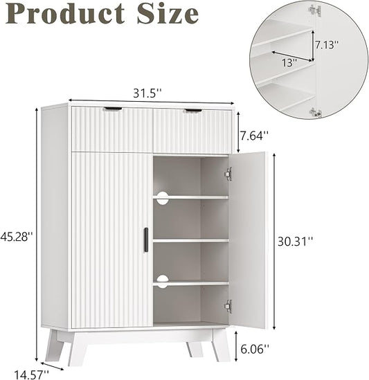 Shoe Cabinet Storage for Entryway with Doors, 4 Tier Fluted Shoe Organizer with 2 Drawers, Entryway Shoe Storage with Adjustable Shelves, Freestanding Hidden Shoe Rack for Front Door Entrance, White