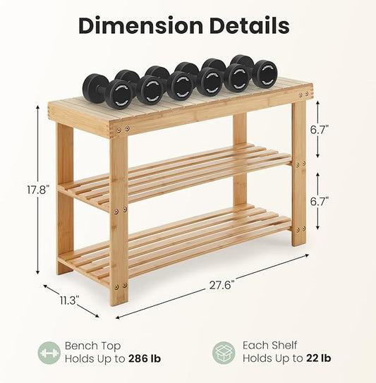 DUMOS Shoe Rack Bench with Storage, 3-Tier Bamboo Entryway Benches, Wooden Shoe Rack Holds Up to 286 lb Storage Organizer, Suitable for Bedroom Living Room Balcony, Classical Wood