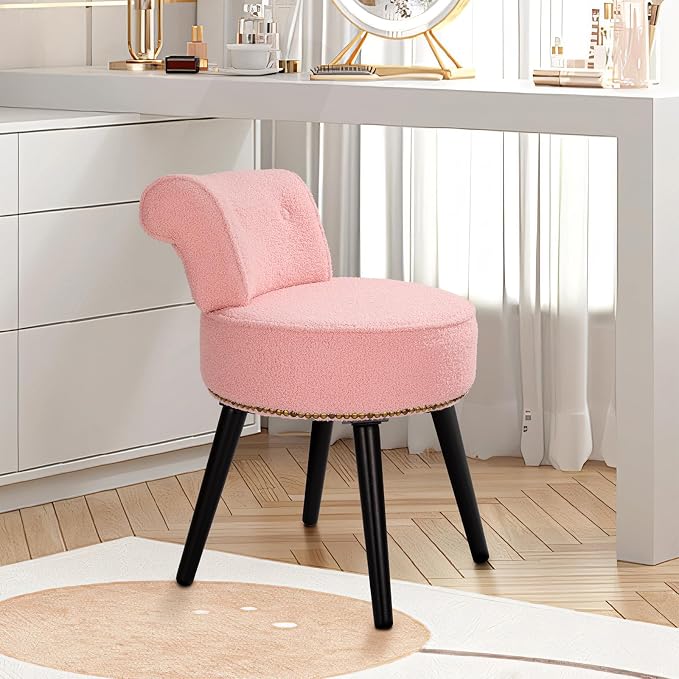 Vanity Chair with Backrest, Boucle Upholstery Armless Makeup Stool, Vanity Stool with for Bedroom Living Room Kitchen Dinning Room (Sherpa Pink)