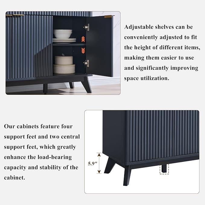 T4TREAM Large Buffet Sideboard Cabinet with Storages, 60" Fluted Modern Buffet Table Coffee Bar Wine Bar Storage Cabinet with 3 Drawers & 4 Doors for Dining Room, Living Room, Hallway(Dark Grey)