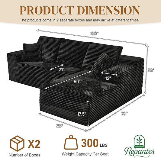 108" L Shaped Boneless Sectional Couches for Living Room, Comfy Corduroy Floor Cloud Sofa with Chaise, Wide Armrest, Deep Seat, Memory Foam, Assembly Free, Ideal for Small Spaces, Black