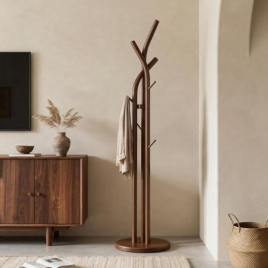 Solid Wood Coat Rack Freestanding Wood Coat Tree Rack with 9 Hooks, Creative Tree-Shaped Design, Standing Coat Rack Clothes Hanger Stand with Sturdy Base for Entryway, Bedroom - Load 300lb (Walnut)