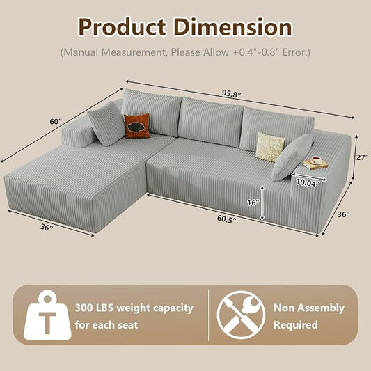 96" Modular Sectional Couch, Boneless L Shaped Cloud Sofa with Chaise Lounge, Corduroy Upholstered Couches Memory Foam Deep Seat, No Assembly Required, Ideal for Living Room(Light Gray, Left Facing)