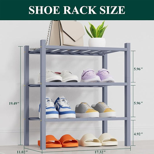 Smiry Small Bamboo Shoe Rack, 3 Tier Free Standing Wooden Shoe Organizer, Stackable Wood Shoe Storage Shelf for Closet, Entryway, 14 Vertical Slats, 2+1 Stack Heavy-Duty Legs, 17.3"x11"x19.5", Grey