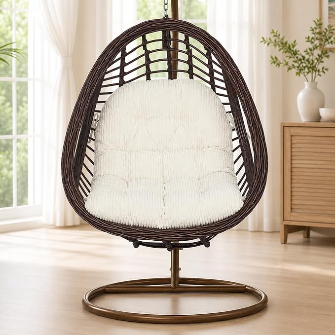 idee-home Egg Chair Cushion Replacement, Tufted Hanging Egg Chair Cushions | Oversized Wicker Swing Cushion with Corduroy Cover for Indoor Hammock Basket Chair, Beige (Chair Not Included), 48x32 Inch