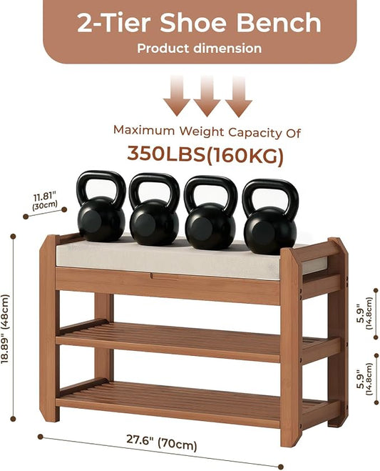 27.6" Bamboo Shoe Bench with Cushion, 2-Tier Storage Bench for Entryway, Heavy Duty Shoe Rack Organizer with Removable Soft Cushion for Living Room Bedroom Hallway