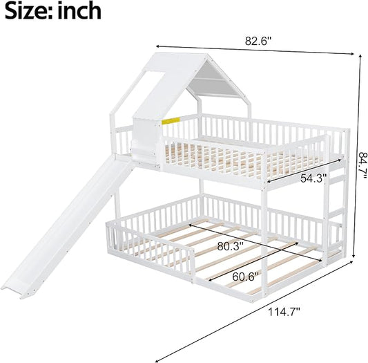 SOFTSEA House Bunk Bed with Slide, Full XL Over Queen Wood Floor Bunk Bed Frame with Roof, Guardrails and Ladder, Space-Saving, White