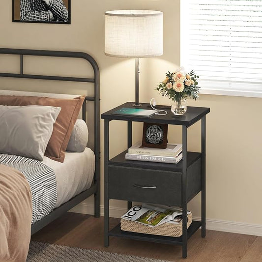 Fixwal Nightstand with LED Lights Bedside Table with 3 Color Temperatures Bulb, NightStand with Charging Station End Table with Adjustable Fabric Drawer for Bedroom Dorm, Black