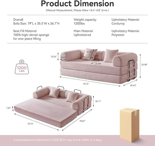Compression Sofa, Cloud Sectional Sofa,Sofa Bed, Boneless Modular Sectional Sofa with 2 Pillow, Comfy Fluffy Couch with Futon Bed, Perfect for Living Room, Small Space