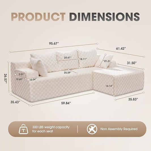 Hobestluk Boneless Couch Modular Sectional Sofa L-Shape Couch 3 Seat Modular Couch Memory Foam Sectional Couches for Living Room Furniture, Cloud Couch with Chaise Lounge (96" Right Facing Chaise)