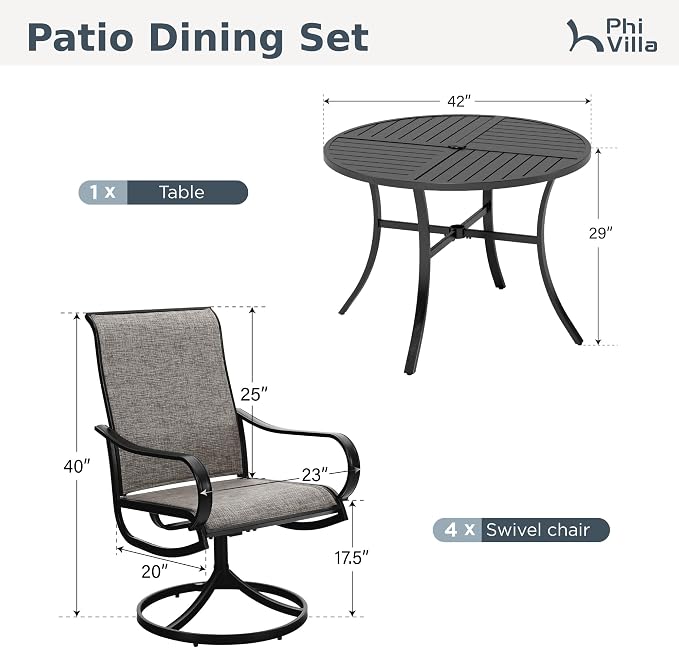 PHI VILLA Patio Dining Set for 4, Round Table & Swivel Mesh Chairs, Brown | 42'' Metal slat table with umbrella hole, E-coating metal frame & Textilene chairs, All-weather design for outdoor, deck