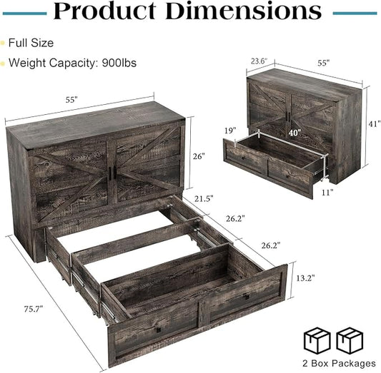 LUXOAK Full Murphy Bed with Storage and Charging Station, Farmhouse Cabinet Bed, Noise-Free, for Guest Room, Apartment, or Office, Black Oak