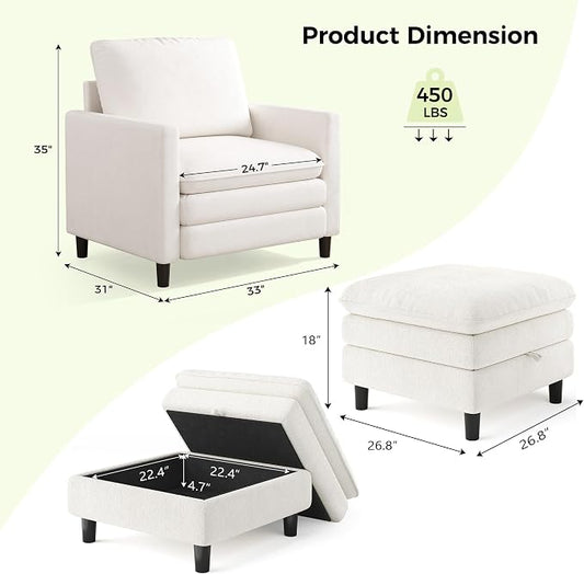 Welzona 3-Layers Cloud Accent Chair with Ottoman, 33" Comfy Reading Chair for Bedroom, Living Room, Tool-Free Assembly with Teddy Fabric Arm Chairs and Ottoman Set, Beige, Removable Washable Cover
