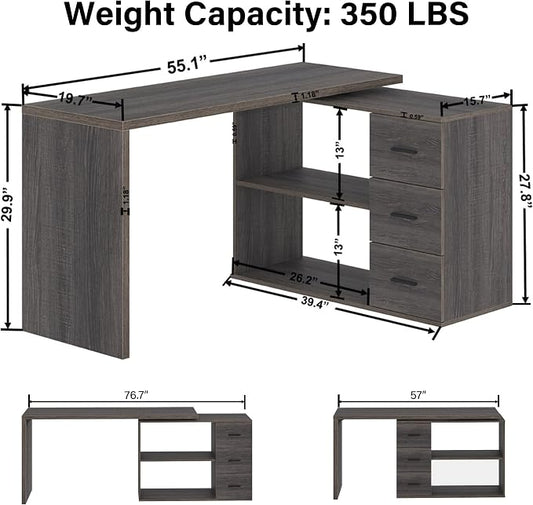 HSH L Shaped Office Desk with Drawers Shelves 55-76 Inch, Corner Computer Desk with Storage 360 Rotating Long for Work, Executive, Study, Writing, Teacher, Bedroom Modern Gaming Table, Dark Grey