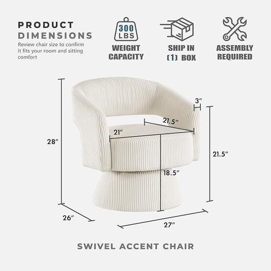 Lexicon 360 Degree Swivel Accent Chair, Modern Comfy Corduroy Round Barrel Chair, Open Back, Plush Foam Cushions, Metal Swivel Base for Living Room/Bedroom/Office/Small Spaces, Beige