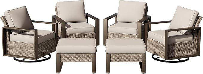 Joyside Outdoor Patio Swivel Rocker Chairs, 5 Pieces Wicker Furniture Set, 2 Swivel Rocking Chairs and 2 Ottoman, Metal Wide Armrest, Thick Cushions and Deep Seating for Garden, Backyard, Porch, Deck