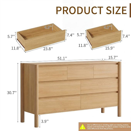 CHUWELL 3-Piece Bedroom Dresser Set-7 Drawer Dresser & 2 Nightstands,51" Wide Oak Dresser and Night Stands with Solid Wood Cylindrical Legs