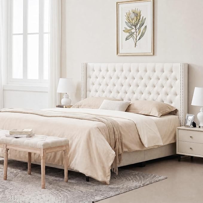 Madison Park Queen Wingback Upholstered Tufted Headboard, Featuring High-Density Sponge Padding, Adjustable Height Headboard, Easy Assembly, Beige Velvet