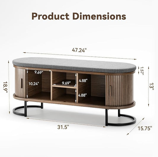 Decofy Shoe Storage Bench with Cushion and Sliding Doors, 47.2 Inch Shoe Bench with Storage, Freestanding Entryway Bench with Storage, Sturdy Metal Feet, for Hallway & Entrance Hall, Walnut