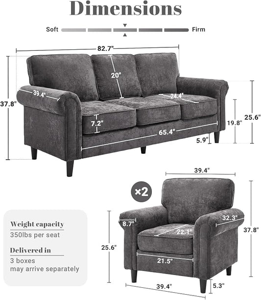 Kingfun 3 Seater Couch, Mid Century Modern Sofa Set with Rolled Arms and Deep Seats, Fluffy Comfort for Living Room, Apartment, Easy Assembly, Gray