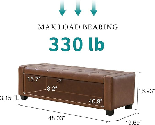 Huatean Home 48" Ottoman with Storage, Storage Ottoman Bench with Safety Hinge, Upholstered Entryway Bench with Seating for Bedroom, Living Room, Holds up to 330 lb, Brown