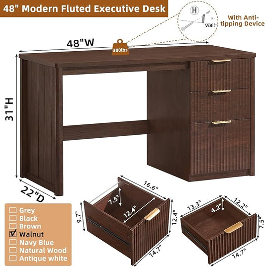 LEYAOYAO Office Desk 48" with 3 Drawers Storage File Cabinet Wood Fluted Desk for Computer Office Bedroom Home Furniture Walnut