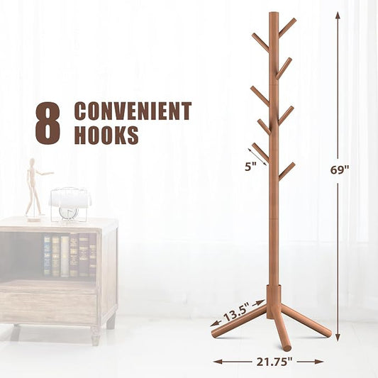 Haddockway Wooden Coat Rack Stand with 8 Hooks New Zealand Pine 3 Adjustable Coat Standing Tree Easy Assembly for Coats, Hats, Scarves and Handbags for Entryway, Hallway, Bedroom, Office
