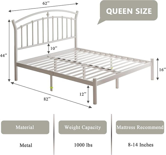 Feonase Queen Size Metal Bed Frame with Retro Headboard, Hardened Steel Tube, 12" Under-Bed Storage, No Box Spring Needed, Easy Assembly, White