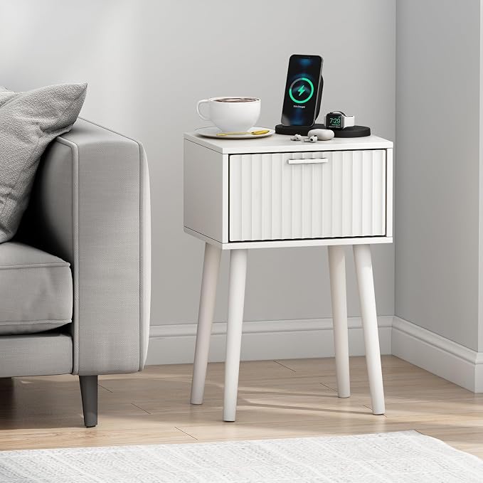 LAATOOREE Nightstands Set of 2, Small Side Table, Bedside Table with Fluted Door, Solid Wood Feet; Modern Mid-Century End Table for Bedroom, Small Space (White)