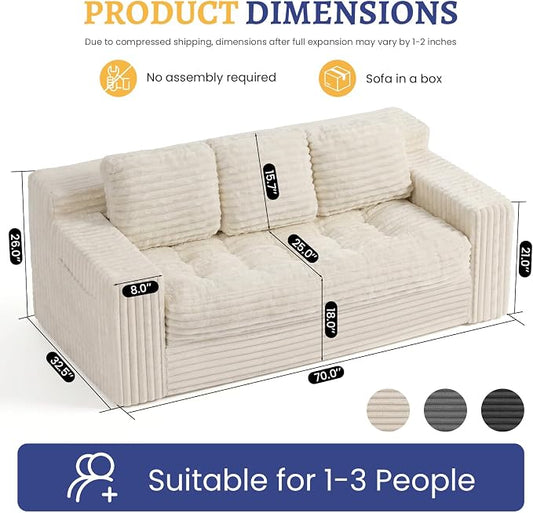 Boneless Couch, Cloud Loveseat Sofa Corduroy Couch in a Box, Upholstered Boneless 3 Seater Couch for Living Room Bedroom Office Apartment, No Assembly Required, Beige