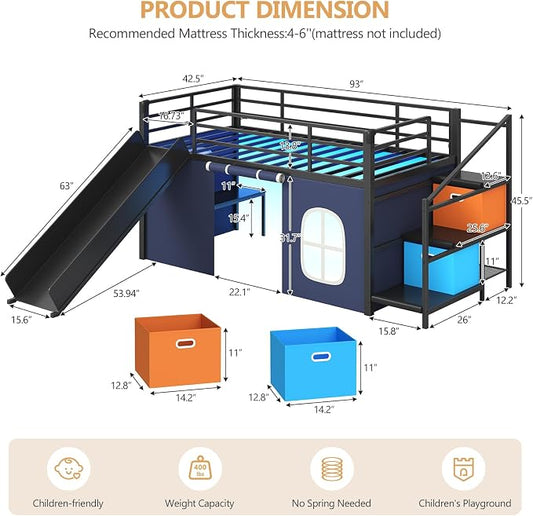 DICTAC Low Loft Bed with Slide,Storage Stairway and Led Lights Metal Twin Size Loft Bed with Under-Bed Play Space,Art Table & Play Curtain Twin Beds with 2 Drawers and 13.8''H Safety Guardrail,Black