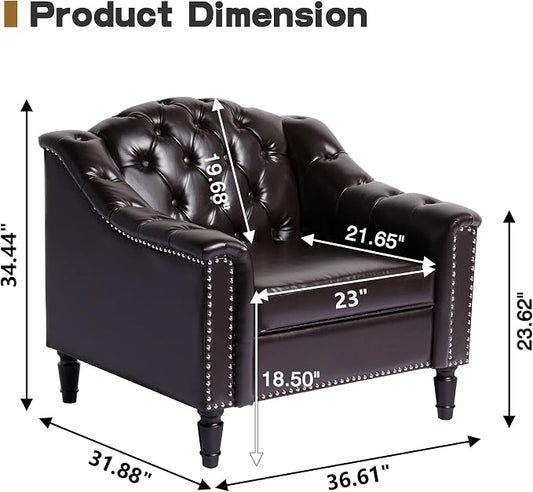 LEVNARY Chesterfield Chair Leather, Upholstered Sofa Chair with High Back, Mid-Century Modern Armchair with Solid Wood Legs, Single Couches for Living Room (Brown)
