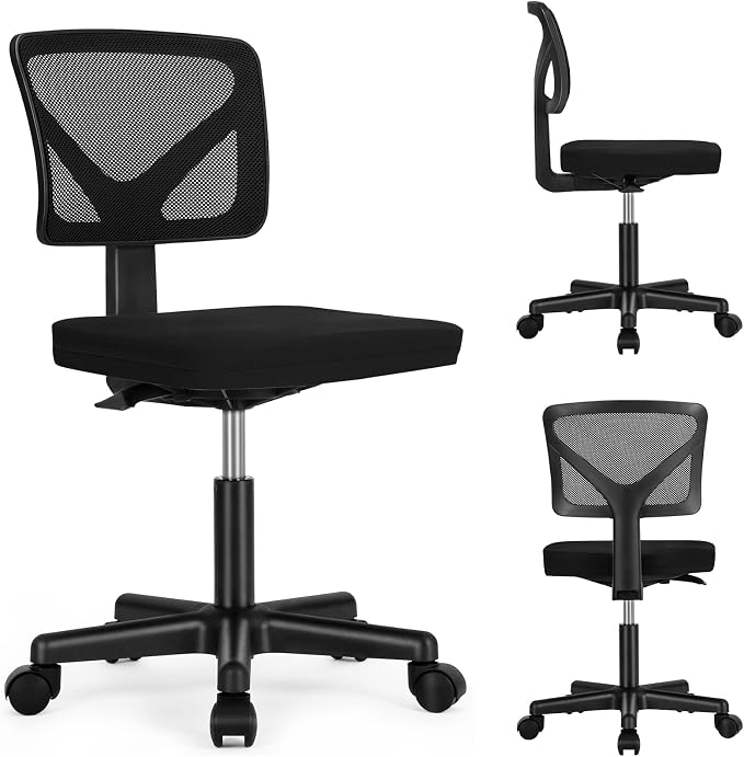 Sweetcrispy Small Office Desk Chair, Ergonomic Low-Back Mesh Rolling Work Swivel Chairs with Wheels, Armless Comfortable Seat Lumbar Support for Home, Bedroom, Study, Student, Adults,Classic Black