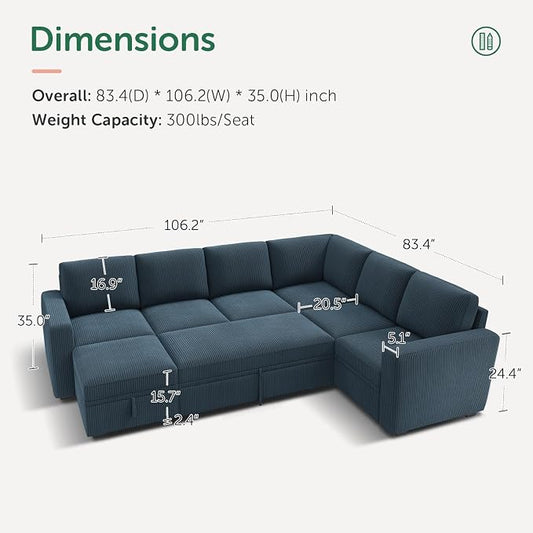 HONBAY Modular Sectional Sleeper Sofa, Corduroy Sleeper Pull-Out Bed Couch with Storage, U Shaped Sectional Couches for Living Room, Blue