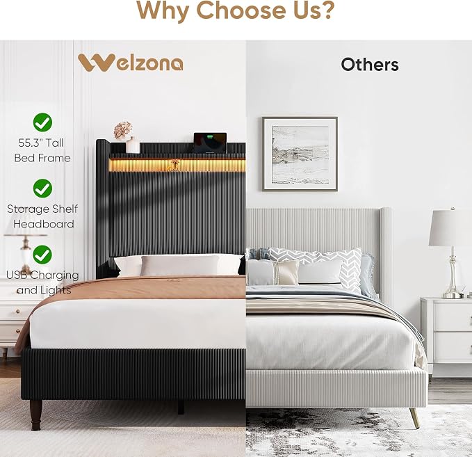King Size Bed Frame with Tall Headboard, 55.3" Corduroy Upholstered Platform Bedframe with LED Lights & Charging Station, King Beds Wingback Storage Headboard, No Box Spring Needed, Wood Slats, Black
