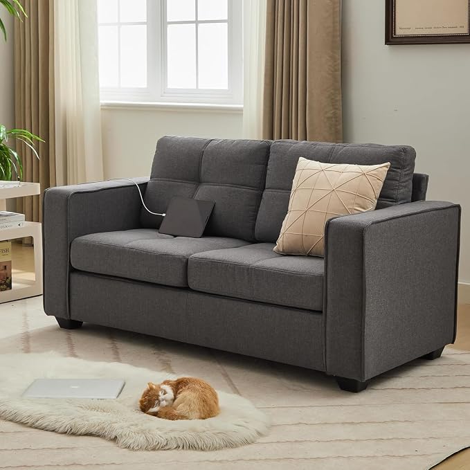 TYBOATLE 65" Small Couches for Bedroom, Mid-Century Modern Tufted Comfy Loveseat w/USB Charging Ports and Wide Arms, 2 Seater Small Office Sofa for Dorm, Apartment, Grey