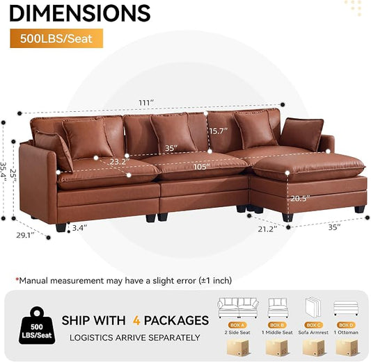 111'' Sectional Cloud Deep Seat Couch, Modern Comfy Leather L Shaped Sectional Sofa for Living Room Set, Upholstered Modular 4-Seats Sofa Couch with 1 Movable Ottoman, Leather Brown